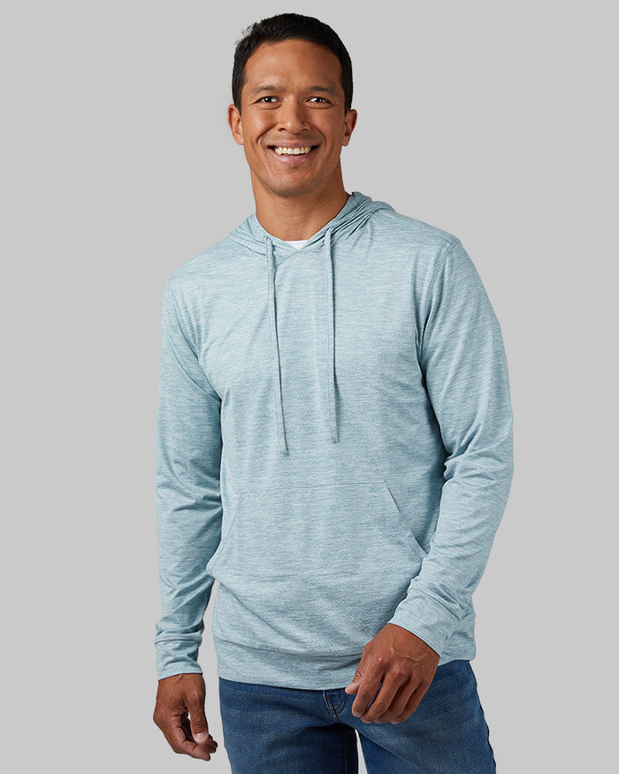 32 Degrees Tide Blue Space Dye _ Men's Cool Long sleeve Hooded T-shirt {model: Keola is 6'0", wearing size M}{bottom}{right} {bottom}{right}