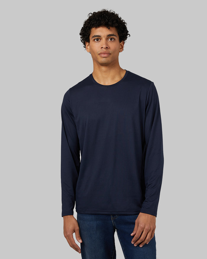 32 Degrees Navy _ Men's Cool Long sleeve T-shirt {model: Isaiah is 6'1", wearing size M}{bottom}{right} {bottom}{right}