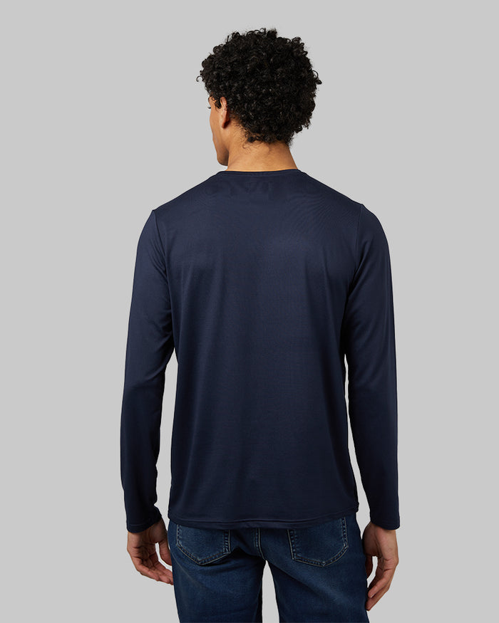 32 Degrees Navy _ Men's Cool Long sleeve T-shirt {model: Isaiah is 6'1", wearing size M}{bottom}{right} {bottom}{right}