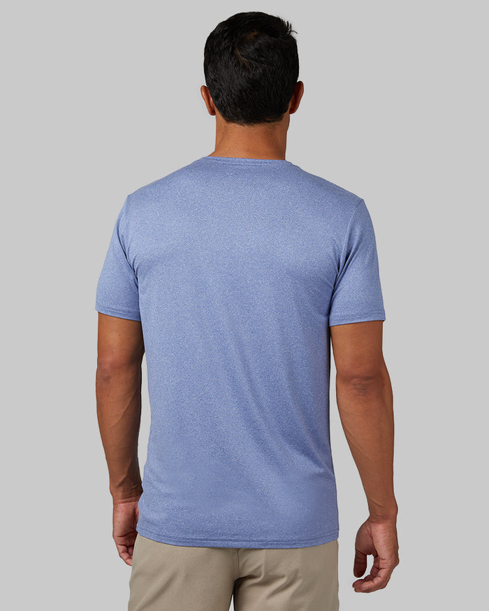 32 Degrees Harbor Blue Heather _ Men's Cool Classic Crew T-shirt {model: Keola is 6'0", wearing size M}{bottom}{right} {bottom}{right}