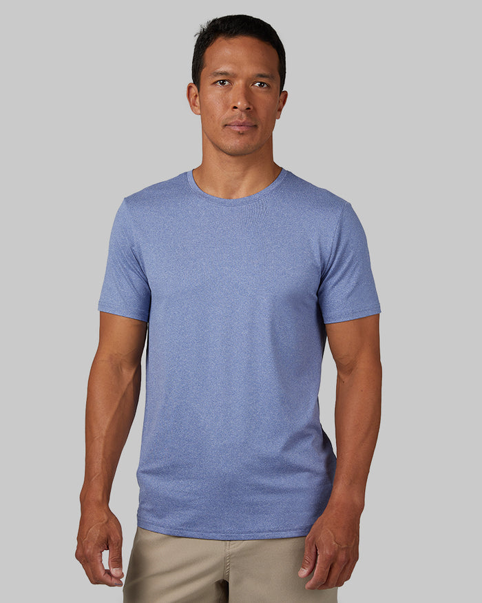 32 Degrees Harbor Blue Heather _ Men's Cool Classic Crew T-shirt {model: Keola is 6'0", wearing size M}{bottom}{right} {bottom}{right}