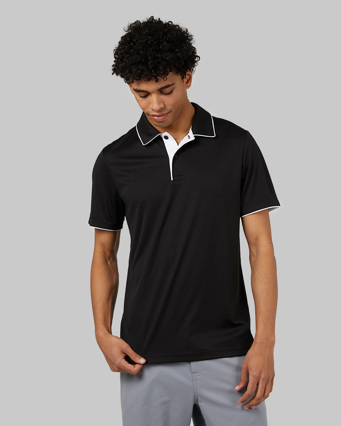 32 Degrees Black _ Men's stretch Flow Tipped Polo {model: Isaiah is 6'1", wearing size M}{bottom}{right} {bottom}{right}