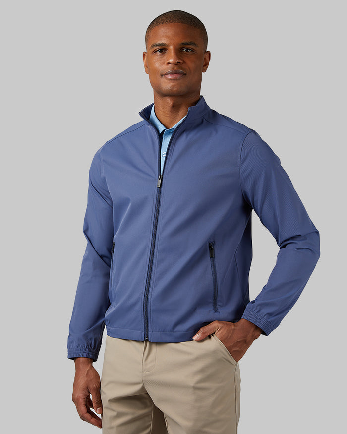 32 Degrees Blue Indigo _ Men's Twill Tech Golf Jacket {model: Isaiah is 6'2", wearing size M}{bottom}{right} {bottom}{right}