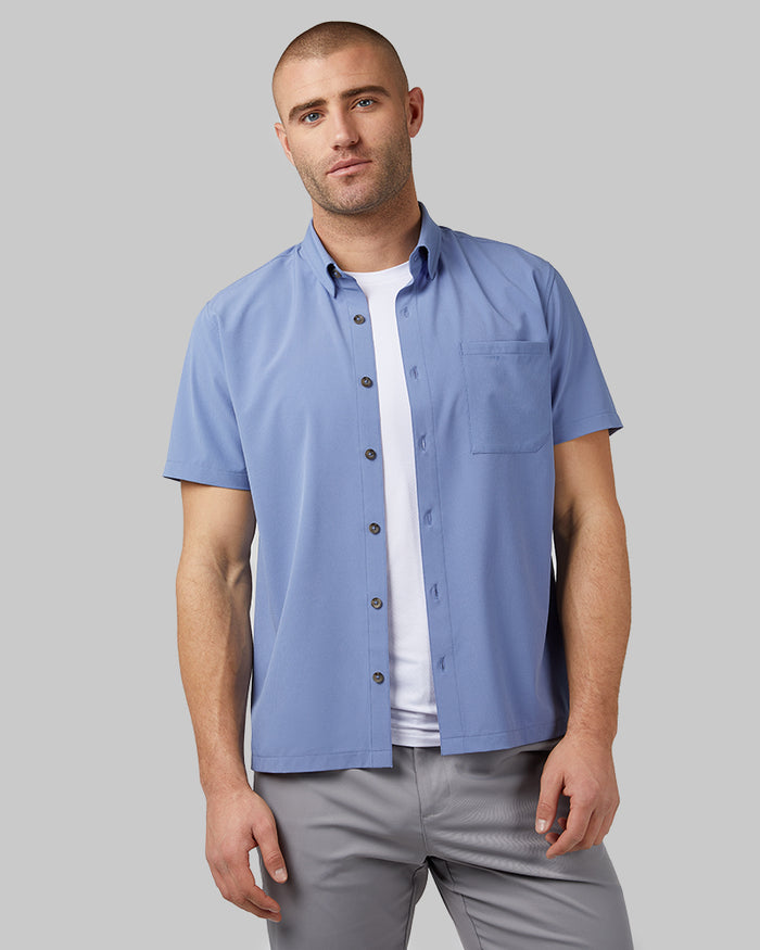 32 Degrees Colony Blue _ Men's Casual short sleeve Dress shirt {model: Ethan is 6'2", wearing size M}{bottom}{right} {bottom}{right}