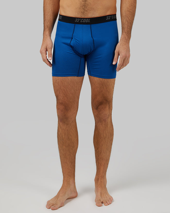 32 Degrees Emotion Blue _ Men's Cool Active Boxer Brief {model: Fran is 6'2", wearing size M}{bottom}{right} {bottom}{right}