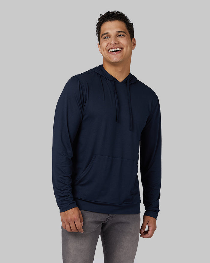 32 Degrees Navy _ Men's Cool Long Sleeve Hooded T-Shirt {model: Markus is 6', wearing size M}{bottom}{right}{bottom}{right}