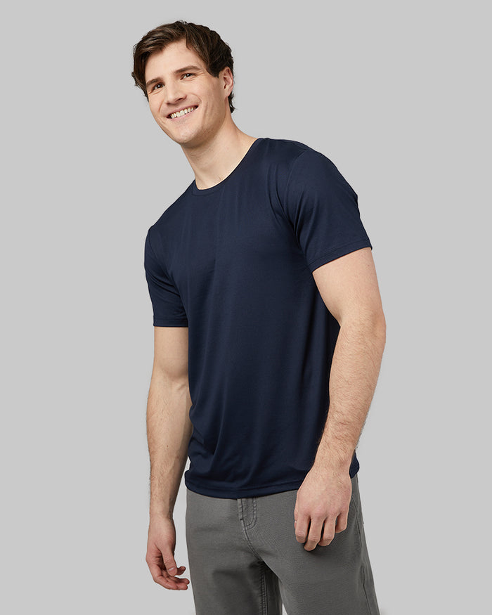 32 Degrees Navy _ Mens Cool Classic Crew T-Shirt {model: Lane is 6', wearing size M}{bottom}{right} {bottom}{right}