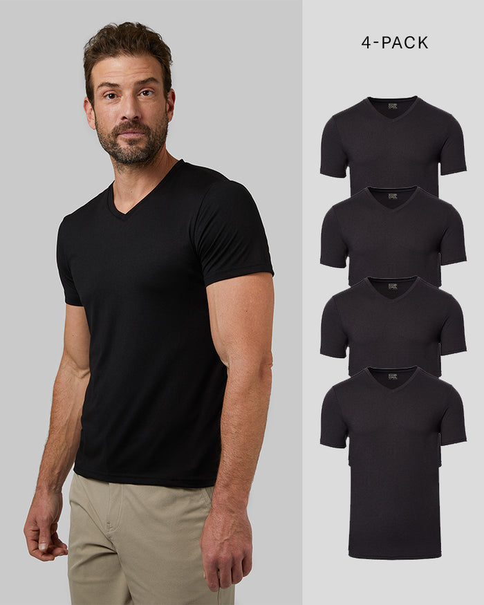 32 Degrees Black _ Men's 4PK Cool Classic Vneck T-Shirt {model: Cedric is 6'1.5", wearing size M}{bottom}{right}{bottom}{right}