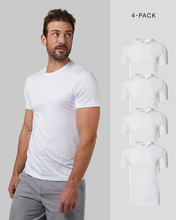 32 Degrees White _ Men's 4PK Cool Crew Neck Tee {model: Cedric is 6'1.5", wearing size M}{bottom}{right}{bottom}{right}